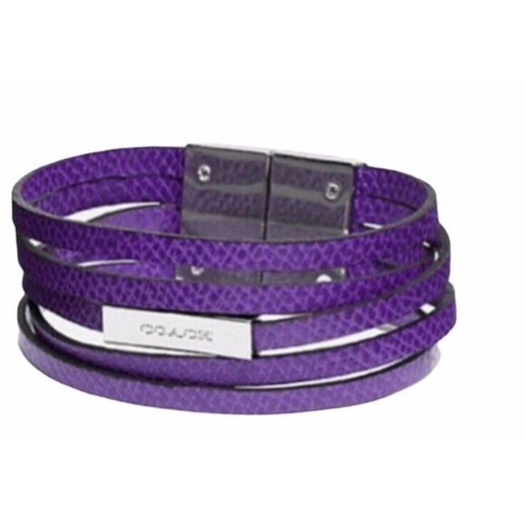 Coach Purple Leather Snakeskin Bracelet Silver Tone Metal Clasp Wrap Logo - Picture 1 of 8